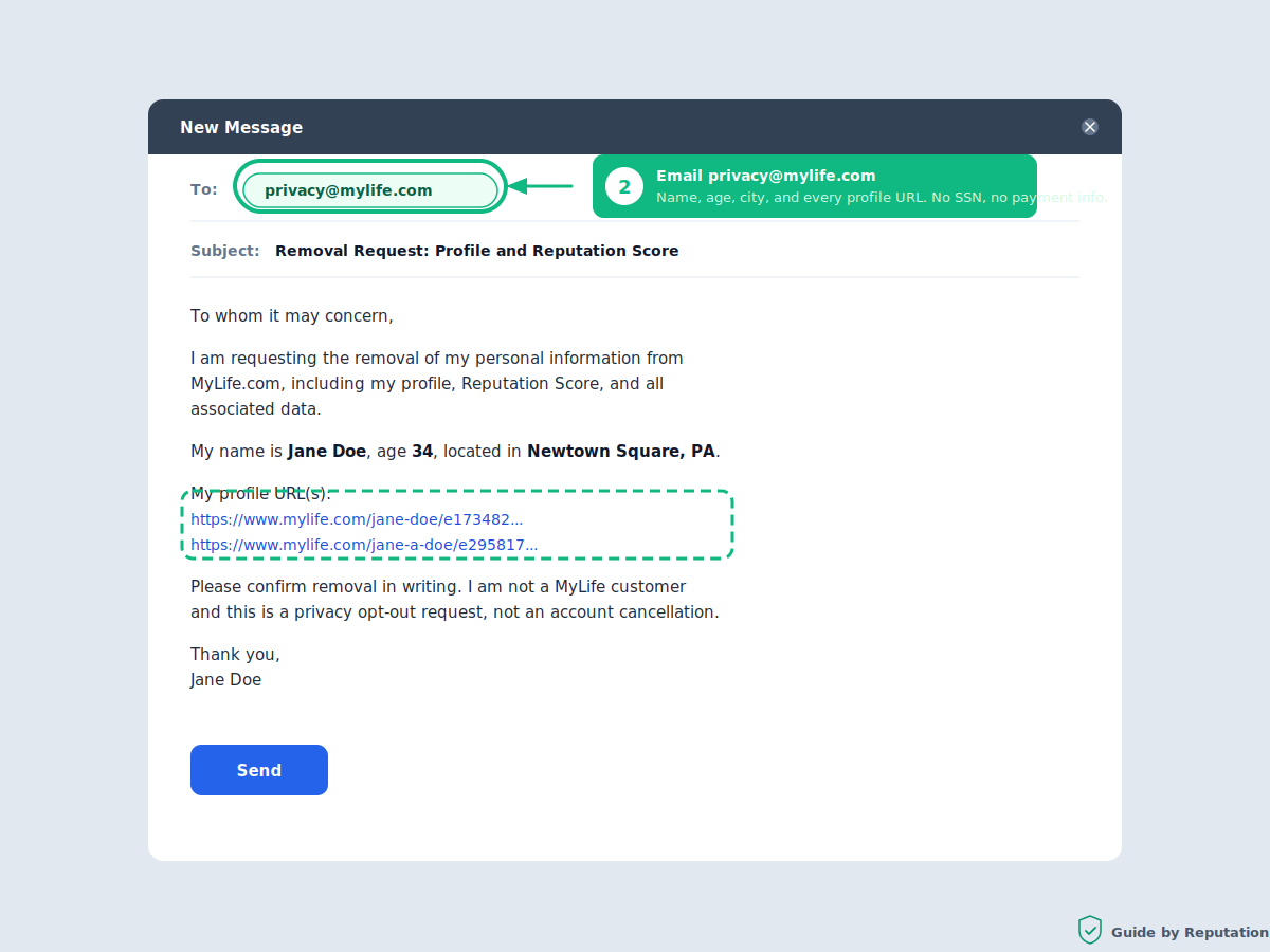 MyLife opt out step 2: email removal request template sent to privacy@mylife.com with profile URLs included