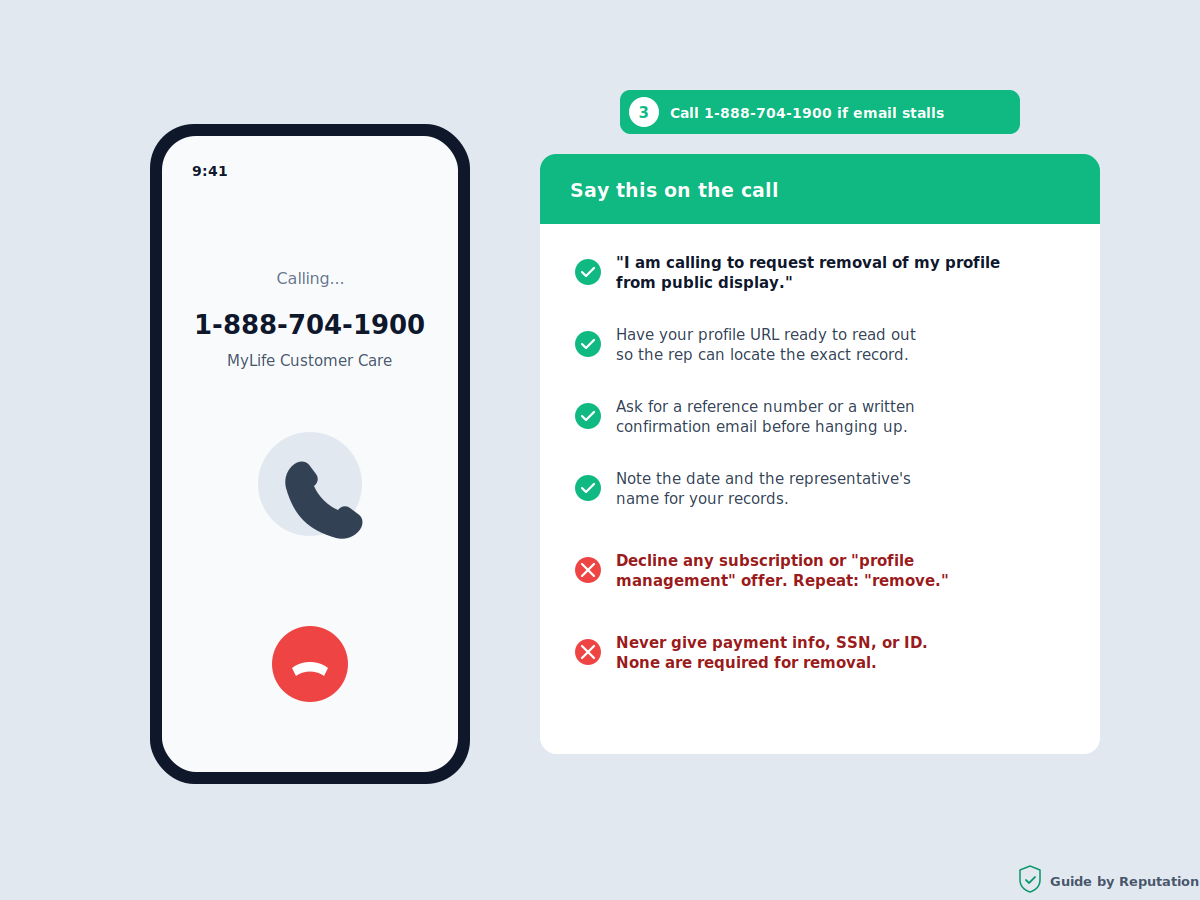 MyLife opt out step 3: call MyLife customer care at 1-888-704-1900 with this removal script checklist
