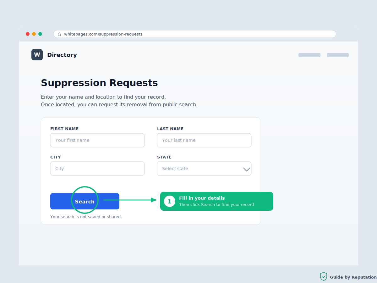 Whitepages opt out step 1: search for your profile by name, city, and state on the suppression requests page