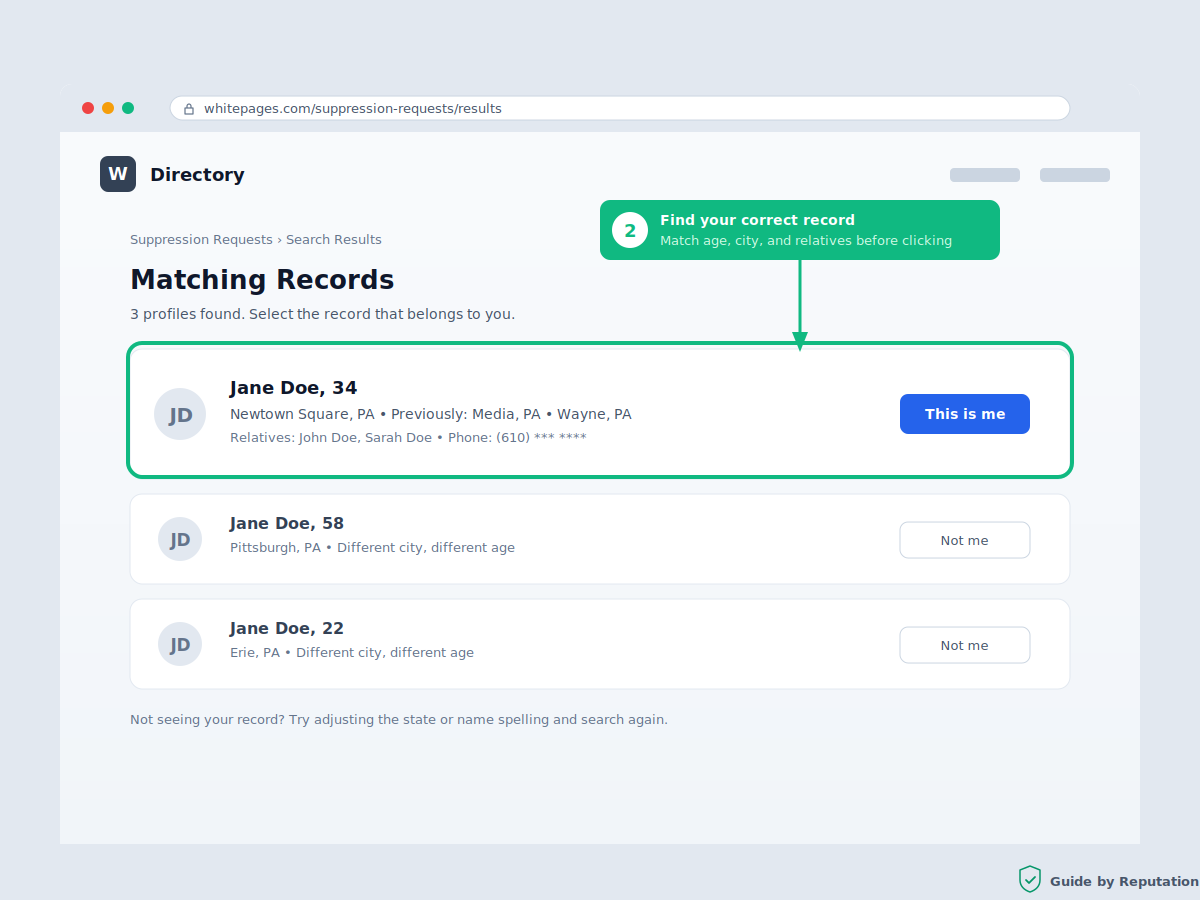 Whitepages opt out step 2: identify your correct record in search results by matching age, city, and relatives