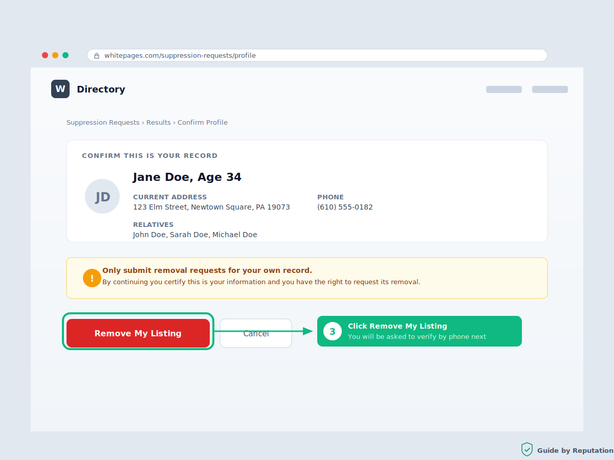 Whitepages opt out step 3: confirm your profile details and click the remove my listing button