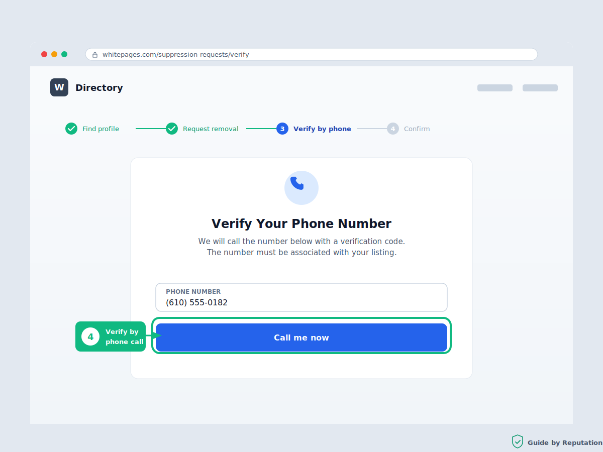 Whitepages opt out step 4: verify your phone number with the automated call to authorize listing removal